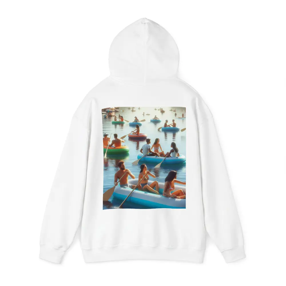 People Paddling Inflatable Rafts on Lake – Hoodies