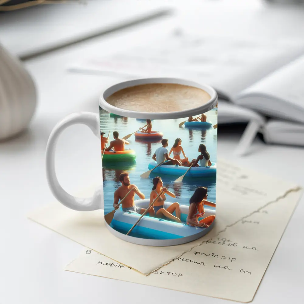 People Paddling Inflatable Rafts on Lake – Mugs