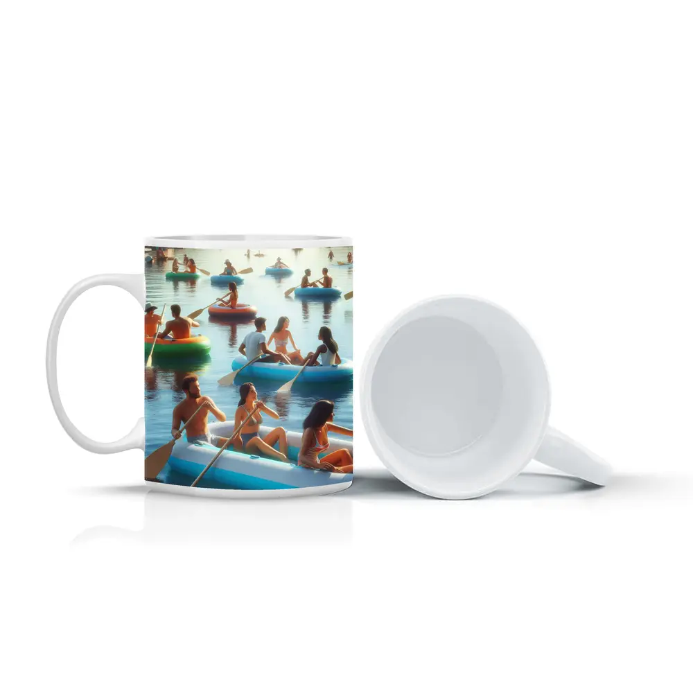 People Paddling Inflatable Rafts on Lake – Mugs