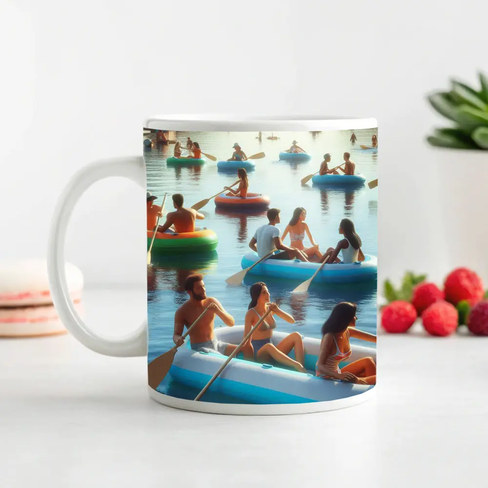 People Paddling Inflatable Rafts on Lake – Mugs