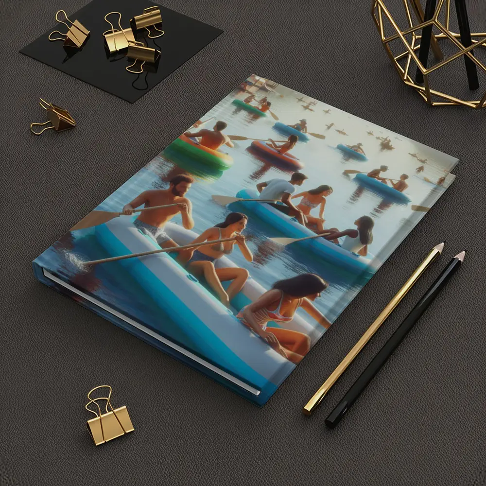 People Paddling Inflatable Rafts on Lake – Notebooks