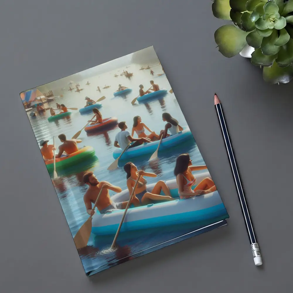 People Paddling Inflatable Rafts on Lake – Notebooks