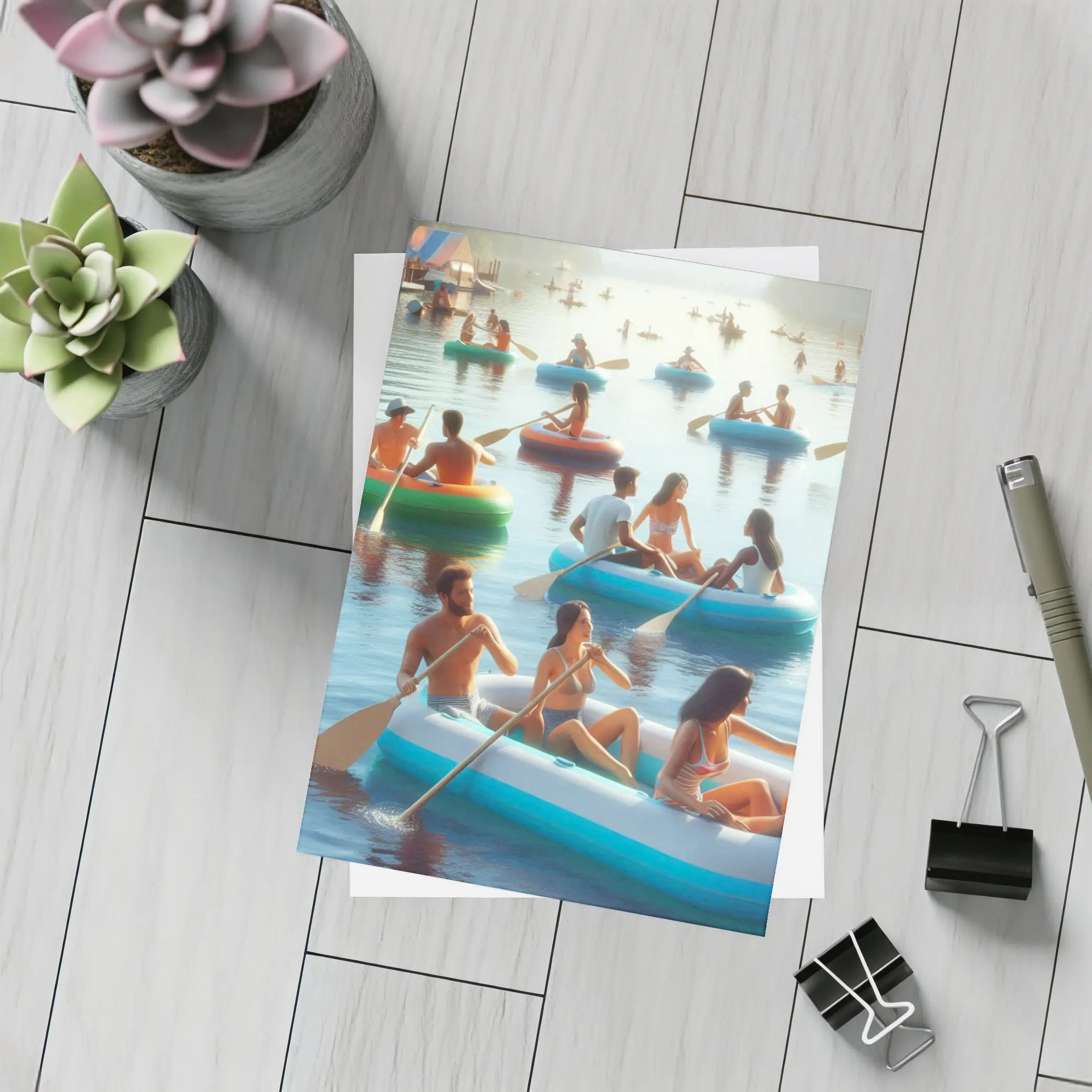 People Paddling Inflatable Rafts on Lake – Postcards