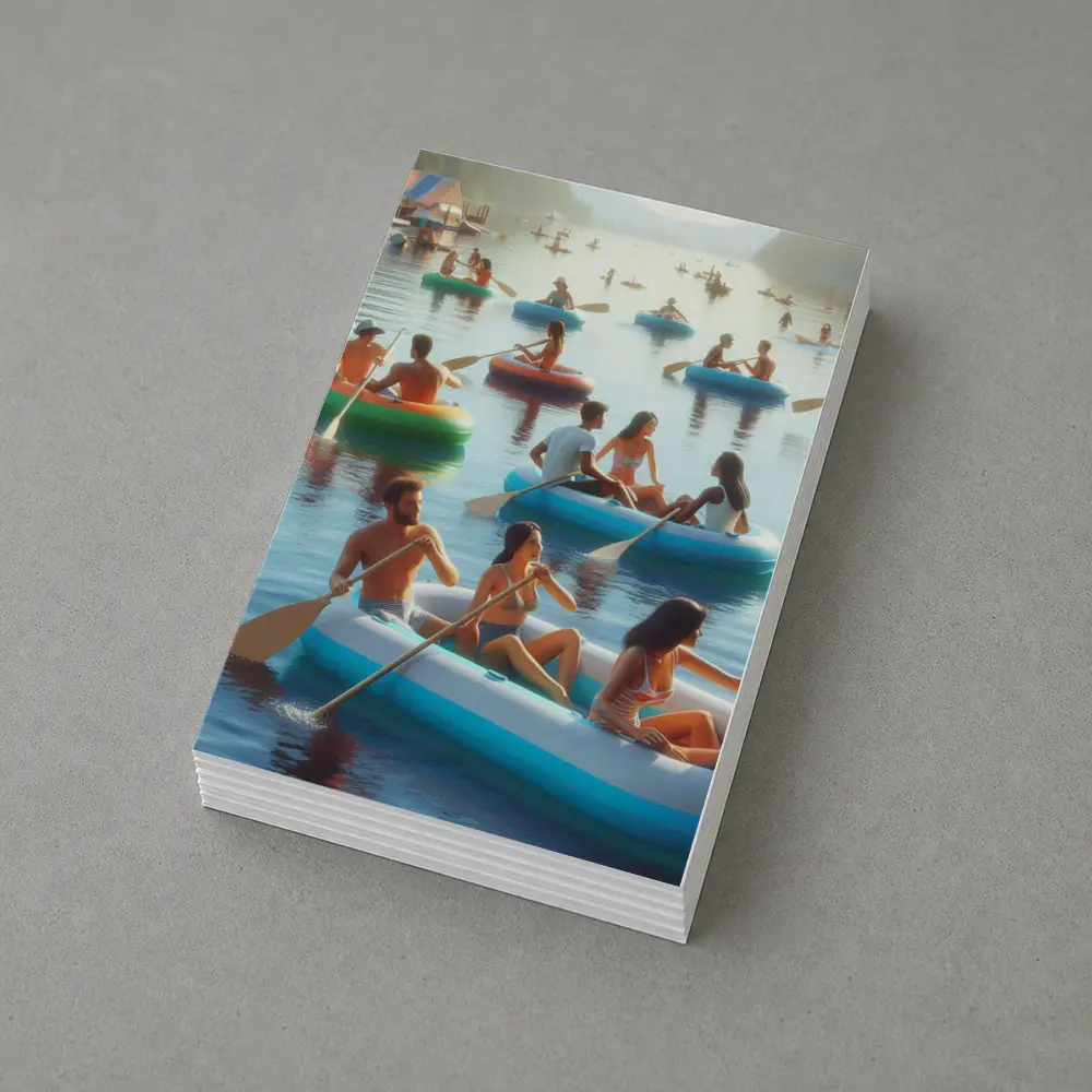 People Paddling Inflatable Rafts on Lake – Postcards