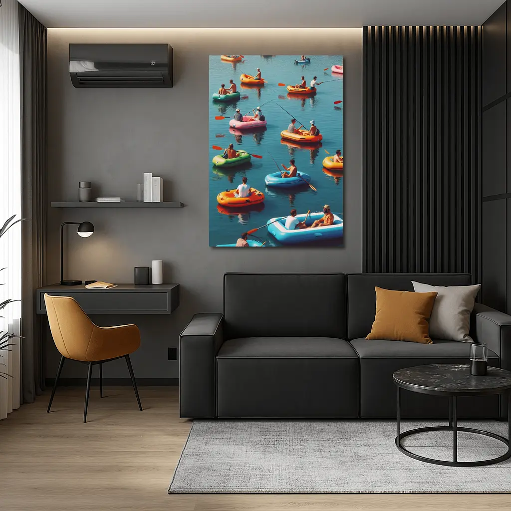 Colorful Inflatable Boats on Calm Water – Wall Art