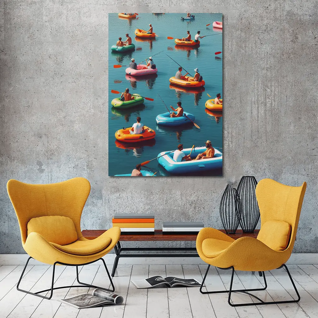 Colorful Inflatable Boats on Calm Water – Wall Art