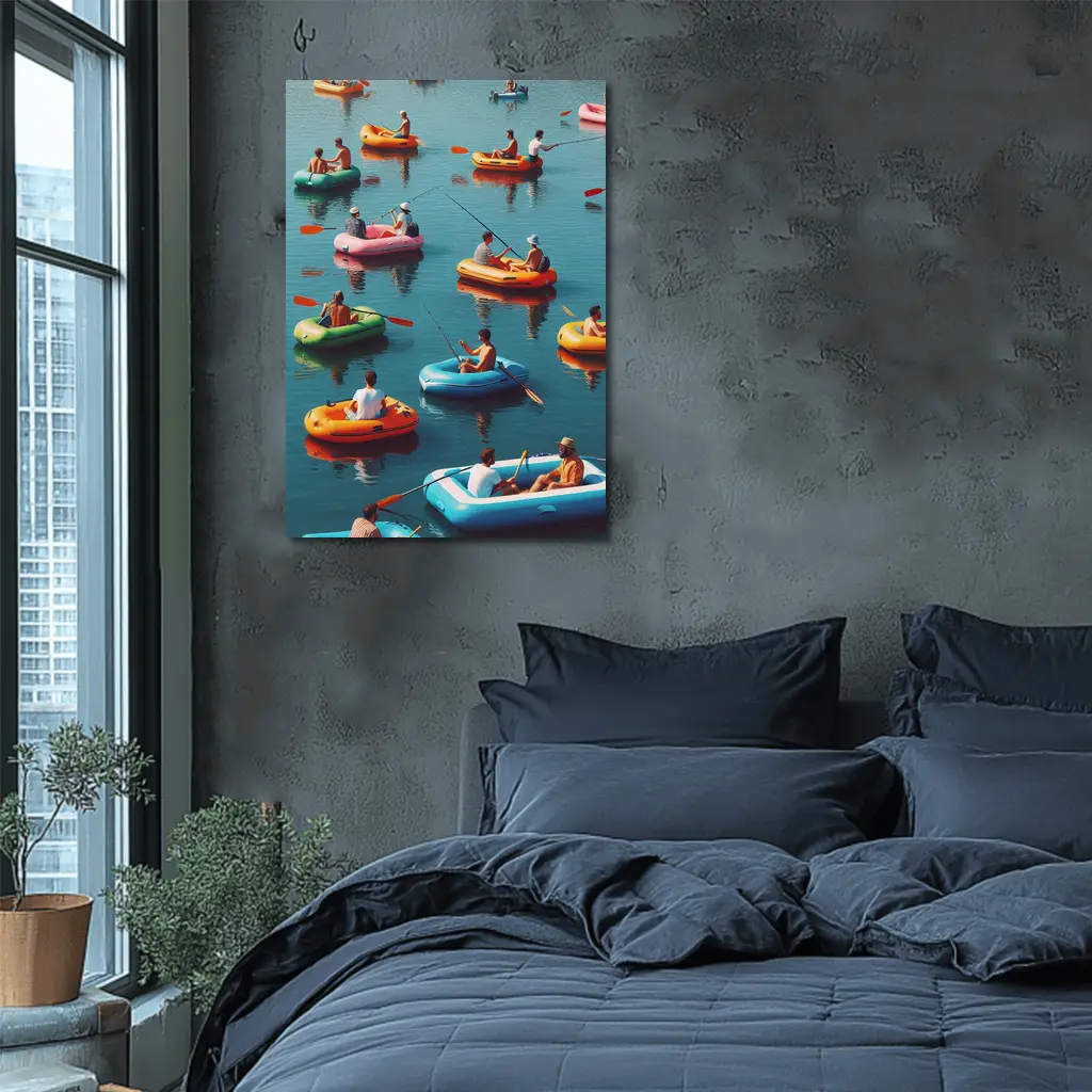 Colorful Inflatable Boats on Calm Water – Wall Art