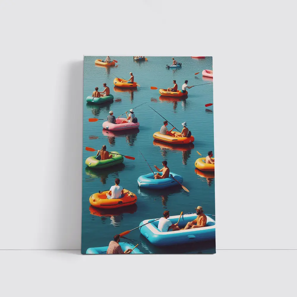 Colorful Inflatable Boats on Calm Water – Wall Art