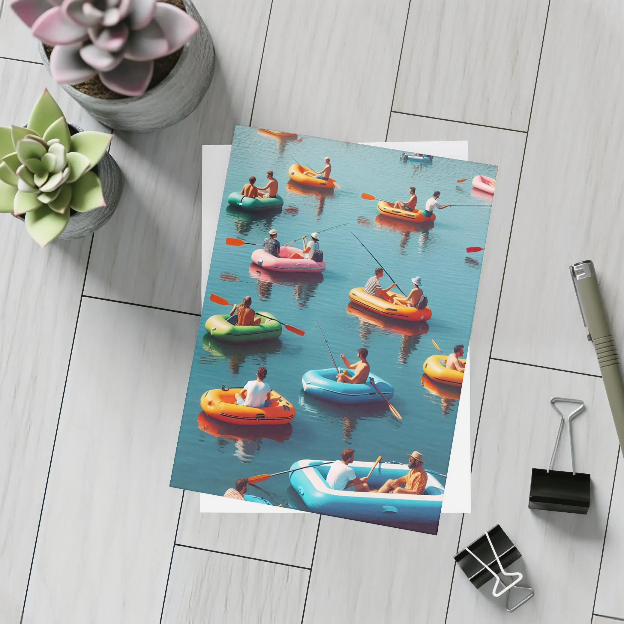 Colorful Inflatable Boats on Calm Water – Postcards