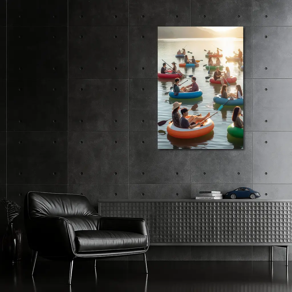 Friends Kayaking on Calm Sunset Lake – Wall Art
