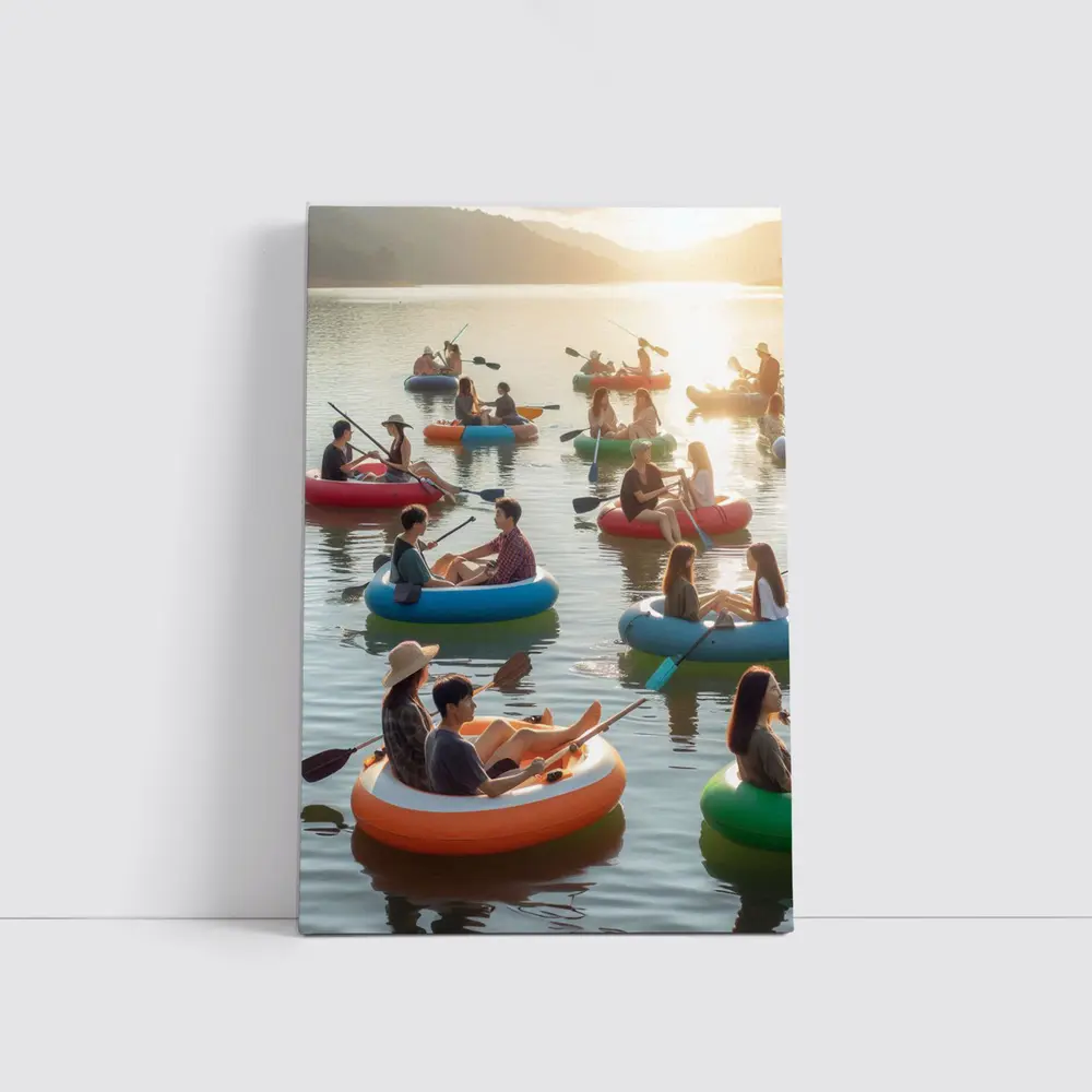 Friends Kayaking on Calm Sunset Lake – Wall Art