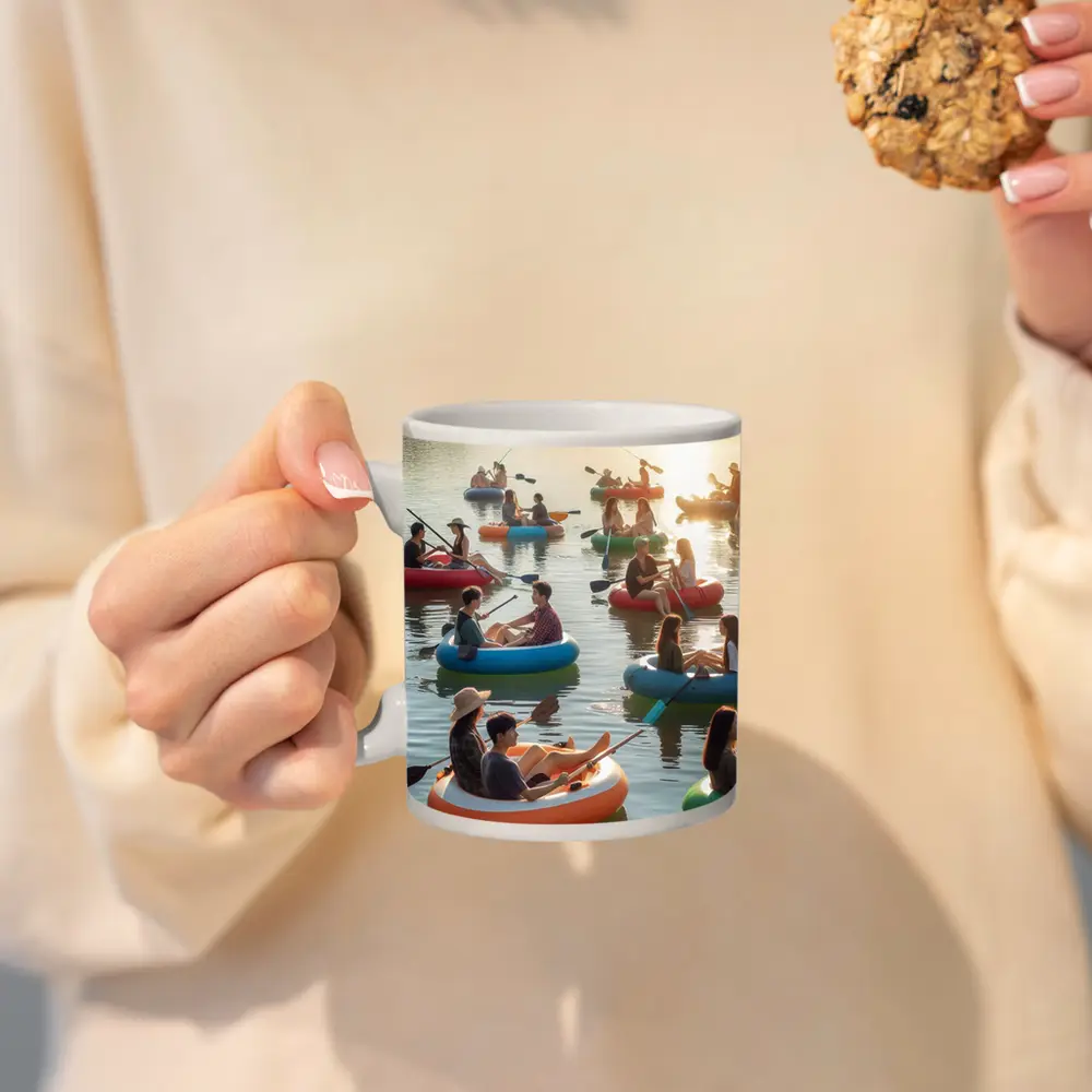 Friends Kayaking on Calm Sunset Lake – Mugs