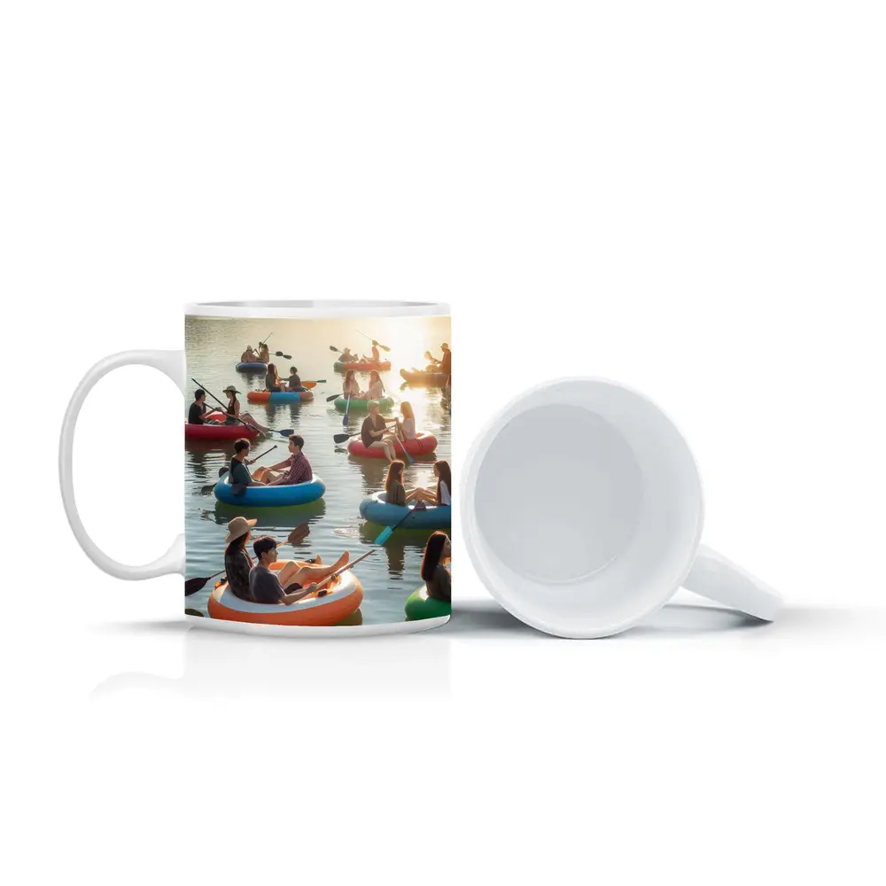 Friends Kayaking on Calm Sunset Lake – Mugs