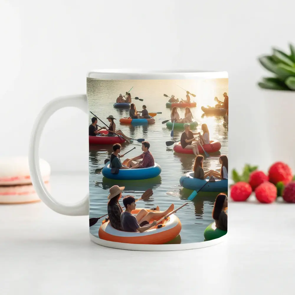 Friends Kayaking on Calm Sunset Lake – Mugs
