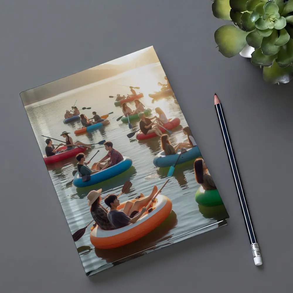 Friends Kayaking on Calm Sunset Lake – Notebooks