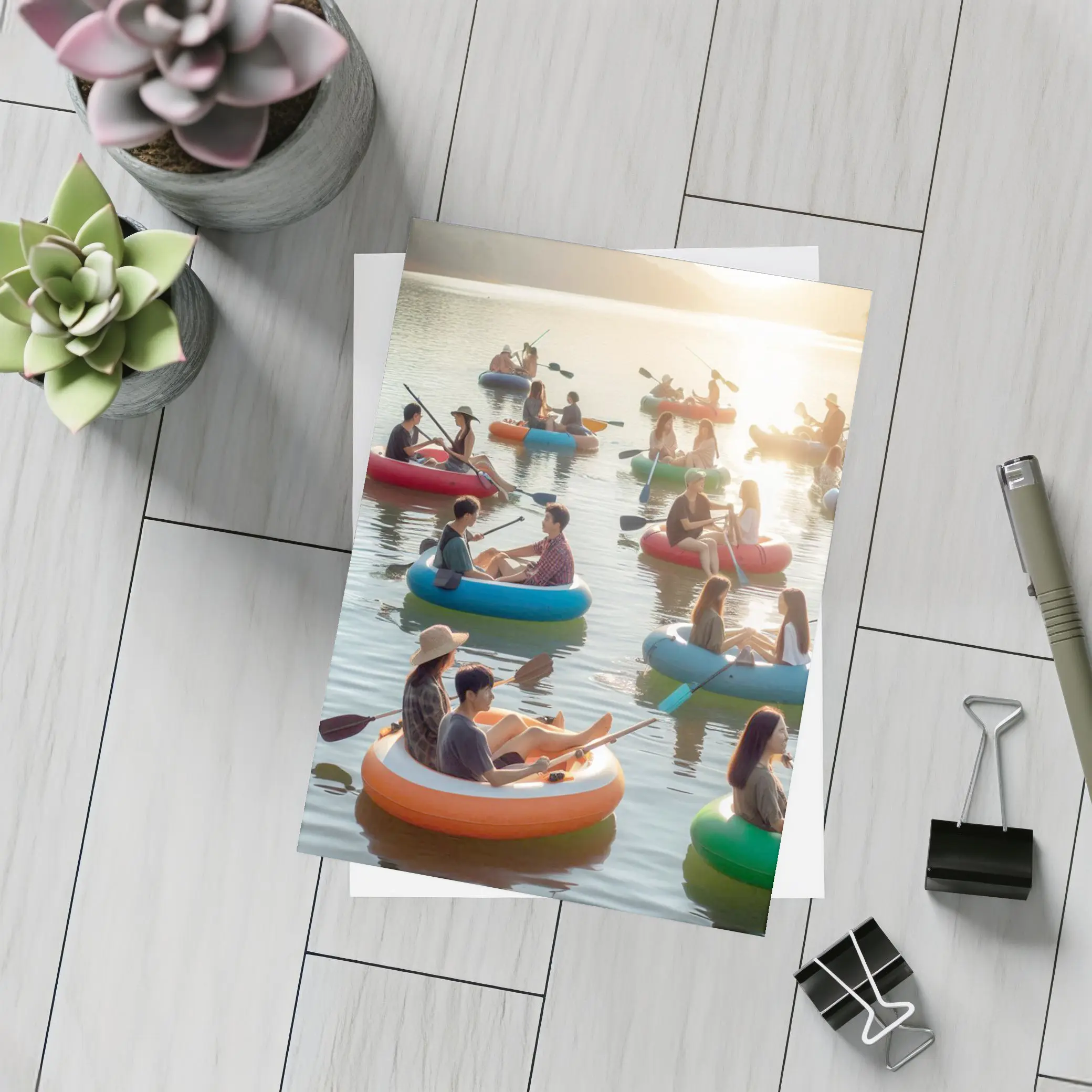 Friends Kayaking on Calm Sunset Lake – Postcards