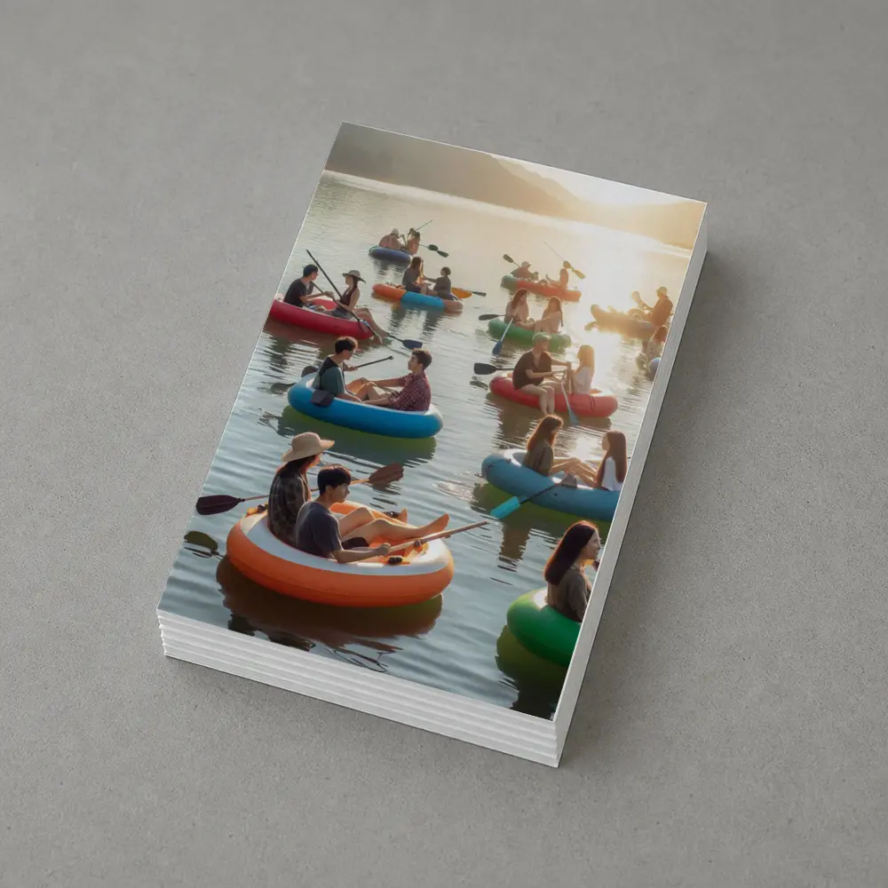 Friends Kayaking on Calm Sunset Lake – Postcards