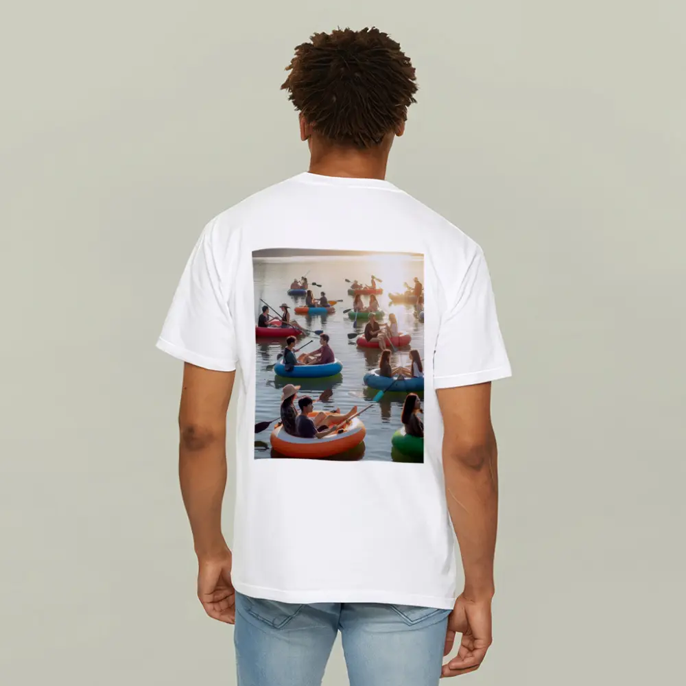 Friends Kayaking on Calm Sunset Lake – T-Shirts