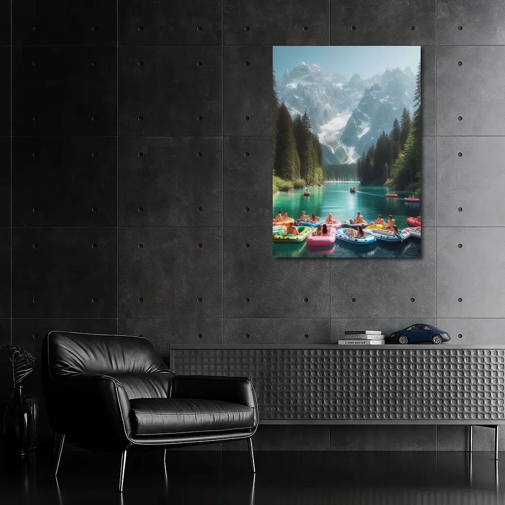 People on Colorful Rafts Mountain Lake – Wall Art