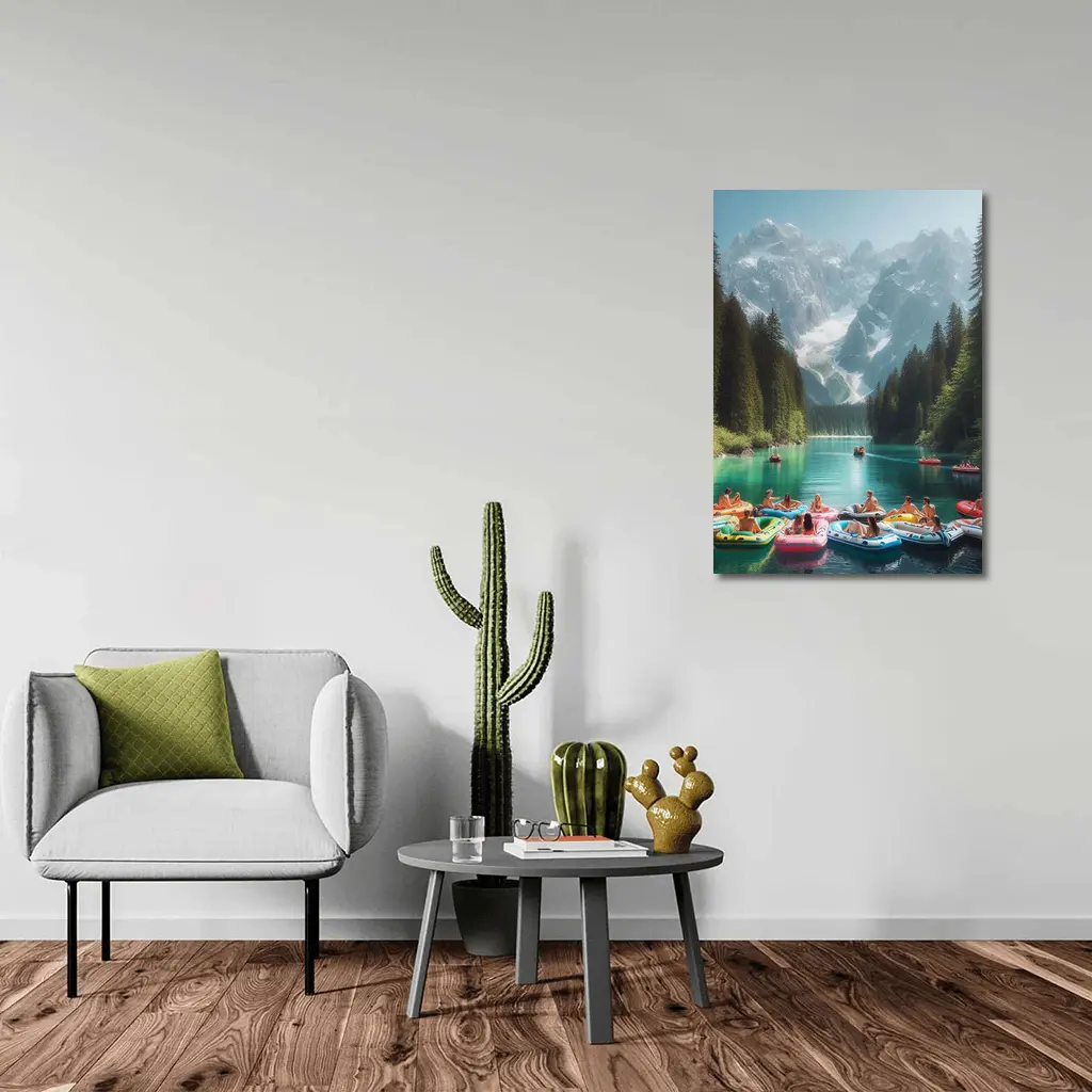 People on Colorful Rafts Mountain Lake – Wall Art