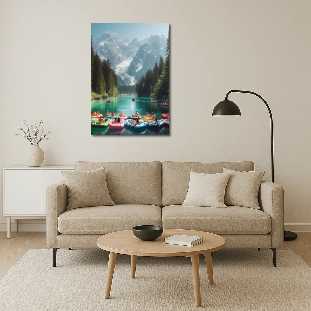 People on Colorful Rafts Mountain Lake – Wall Art