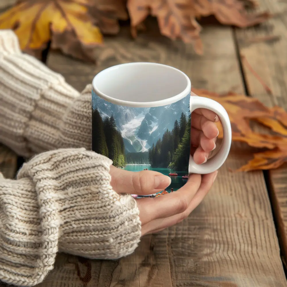 People on Colorful Rafts Mountain Lake – Mugs