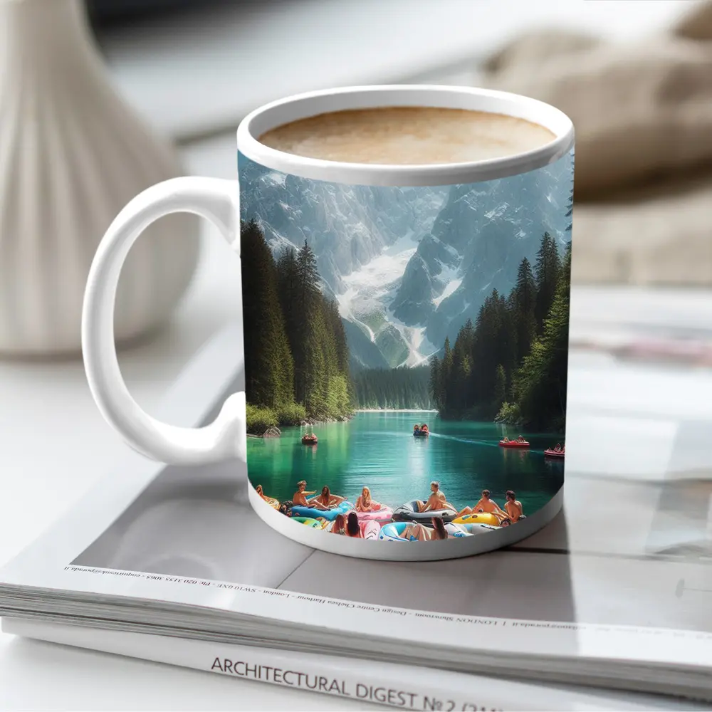 People on Colorful Rafts Mountain Lake – Mugs