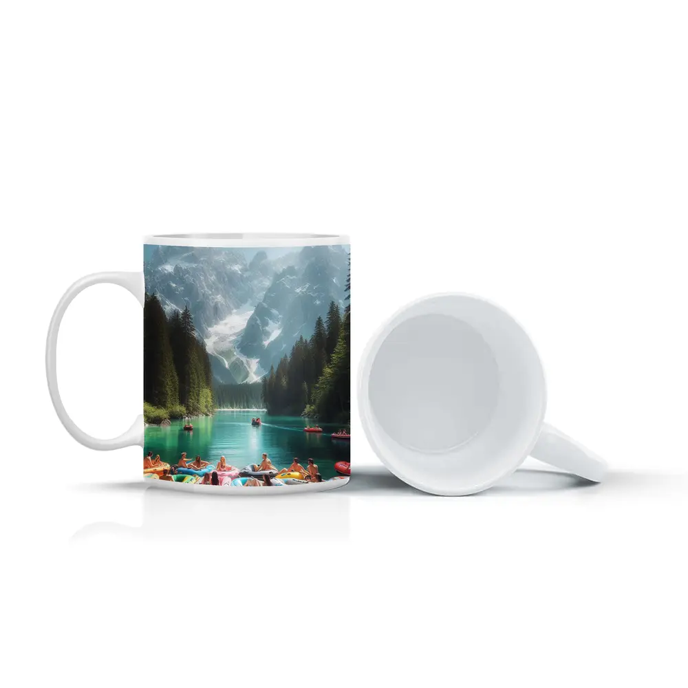 People on Colorful Rafts Mountain Lake – Mugs
