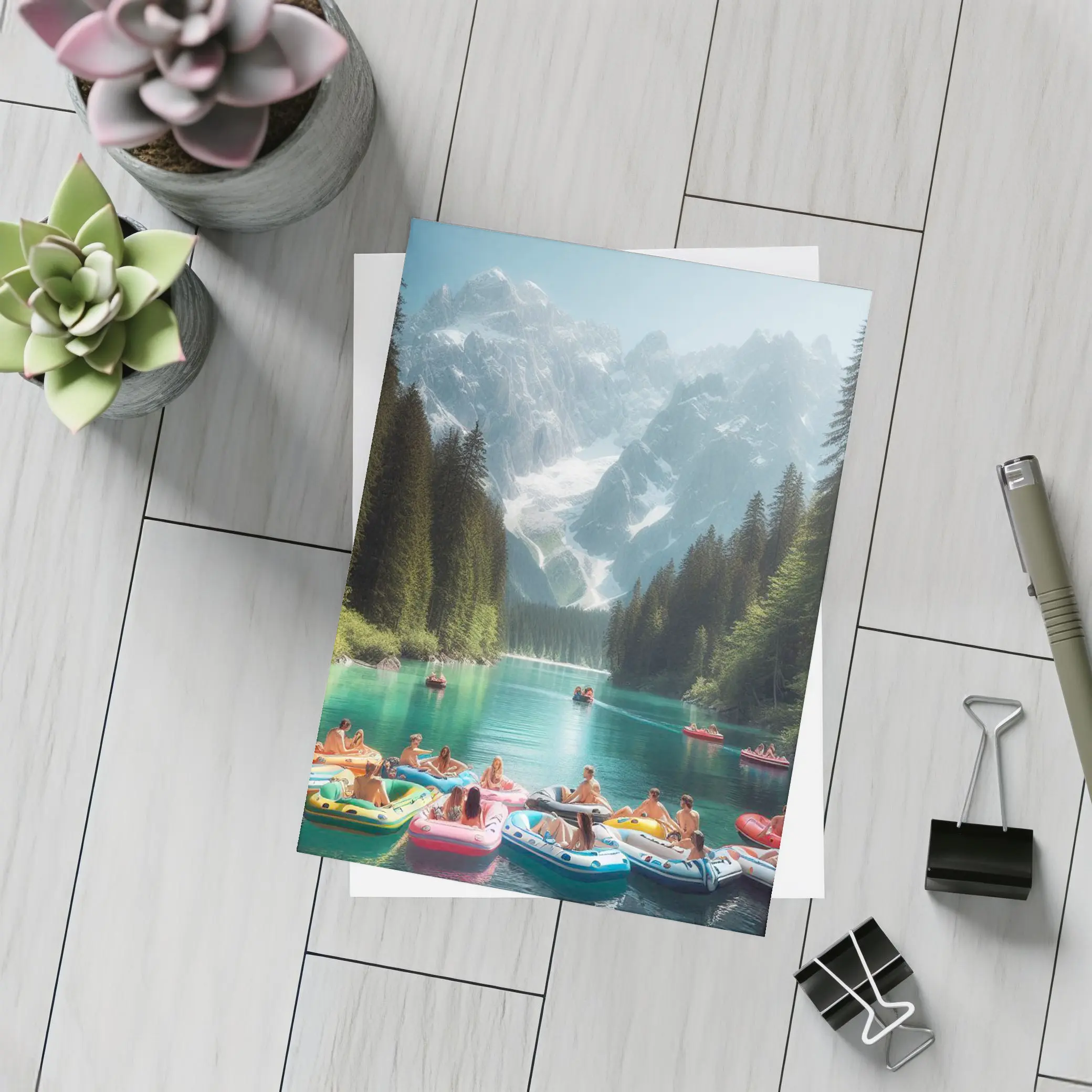 People on Colorful Rafts Mountain Lake – Postcards