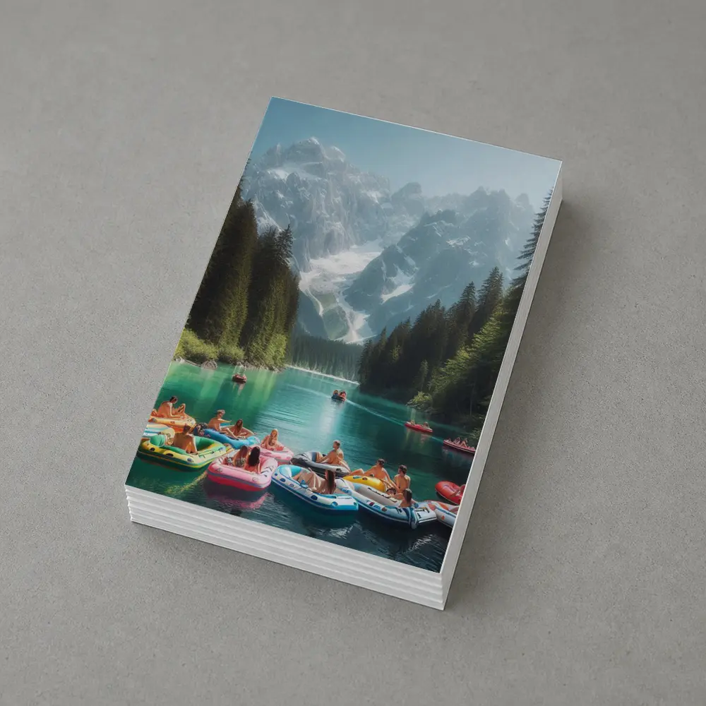 People on Colorful Rafts Mountain Lake – Postcards