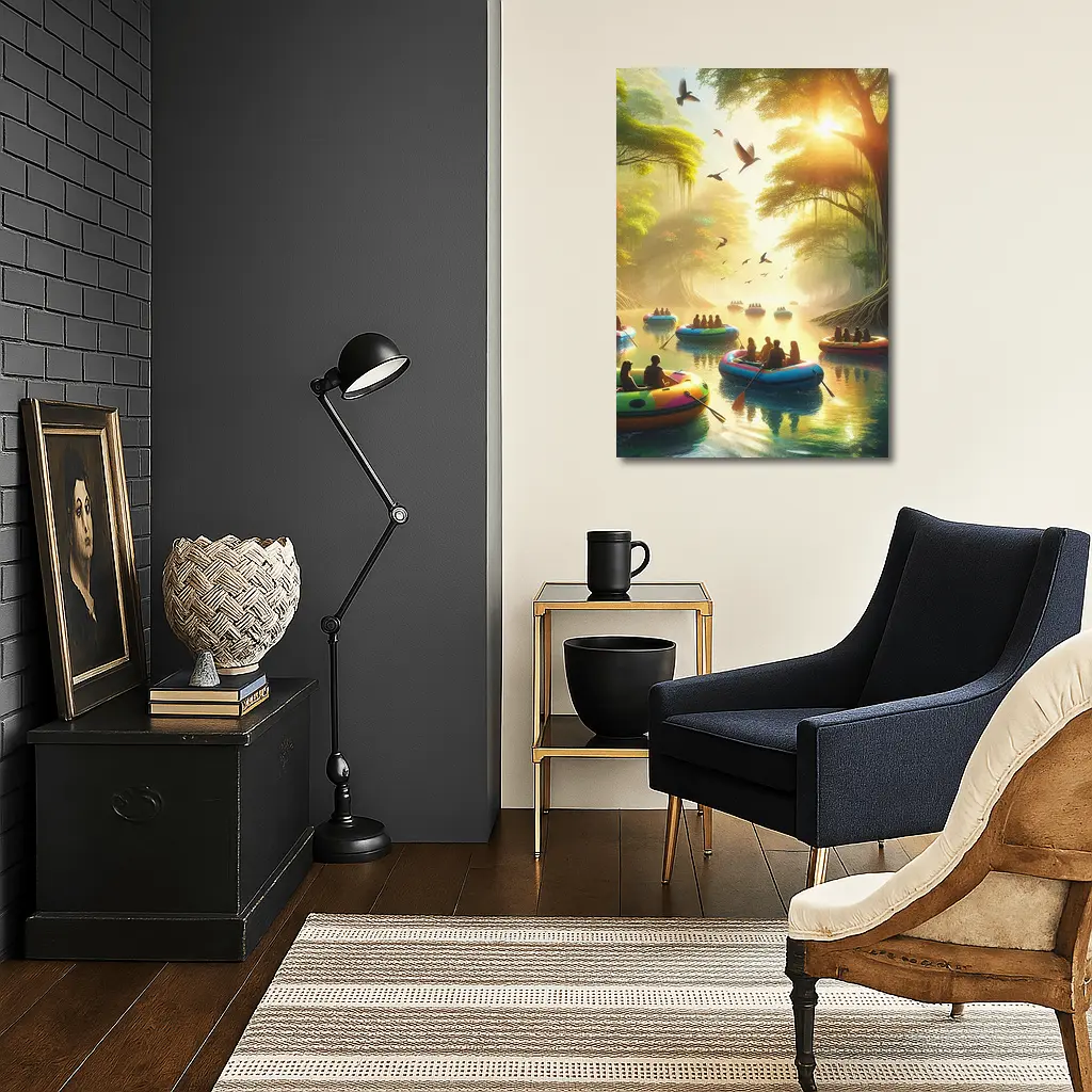 People Rafting Colorful Boats Misty Forest River – Wall Art