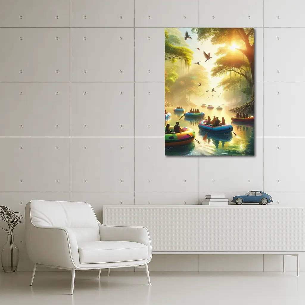People Rafting Colorful Boats Misty Forest River – Wall Art