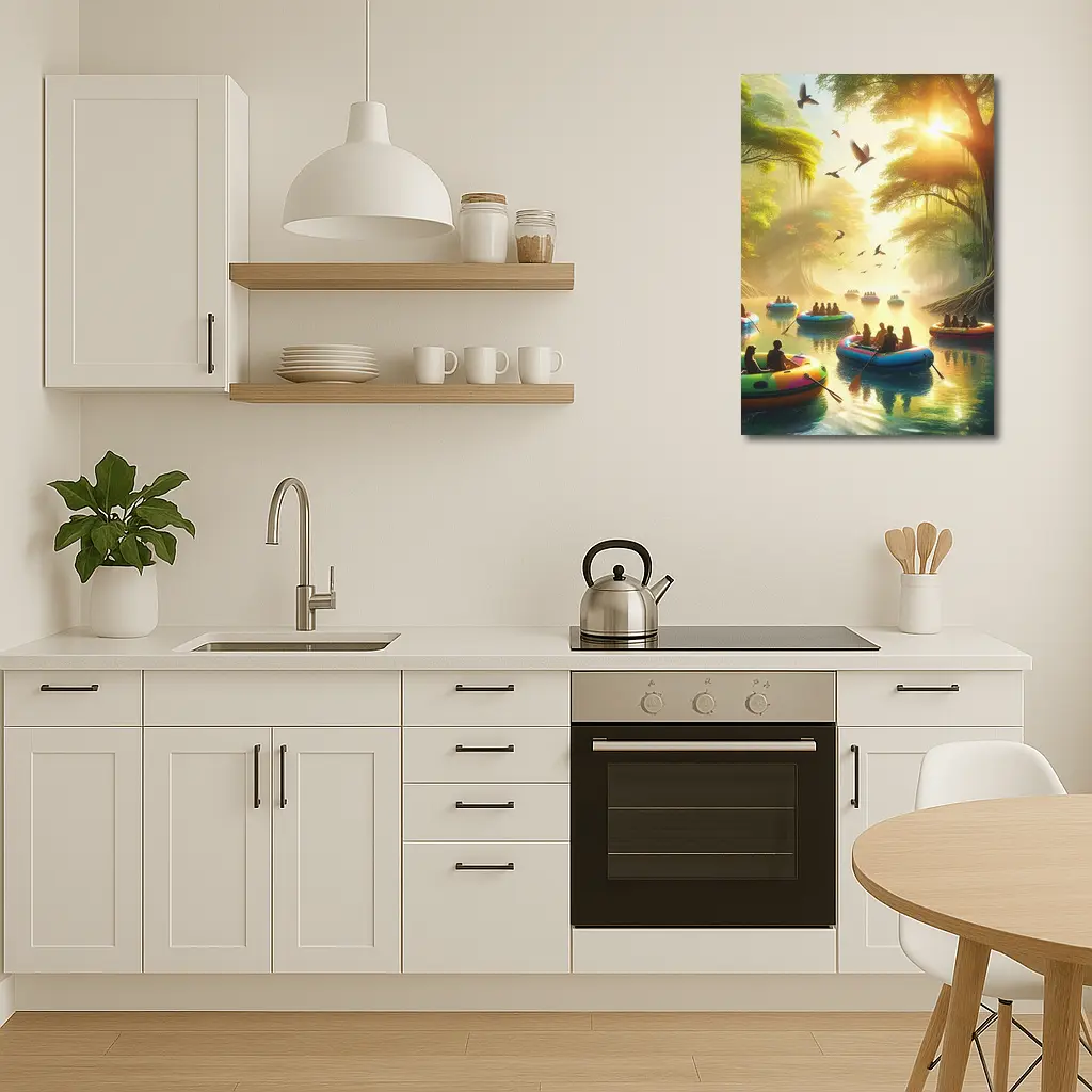 People Rafting Colorful Boats Misty Forest River – Wall Art