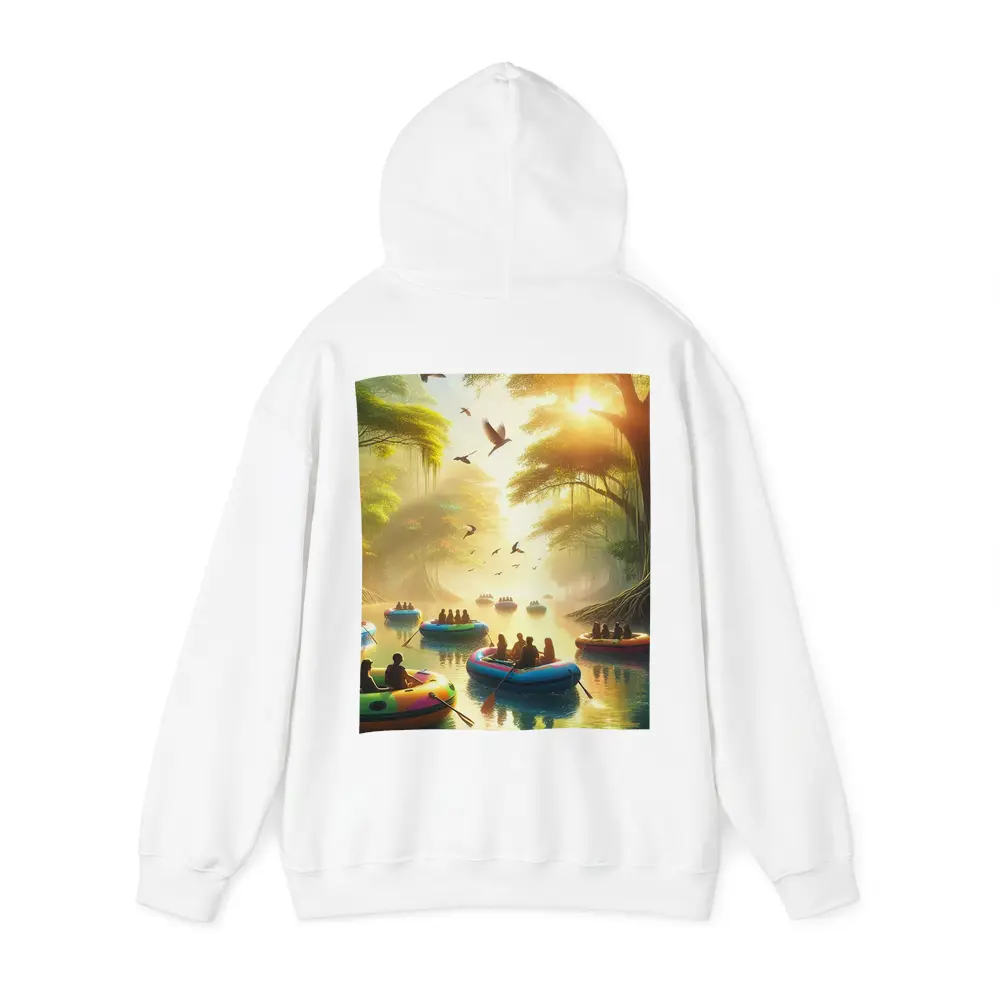 People Rafting Colorful Boats Misty Forest River – Hoodies