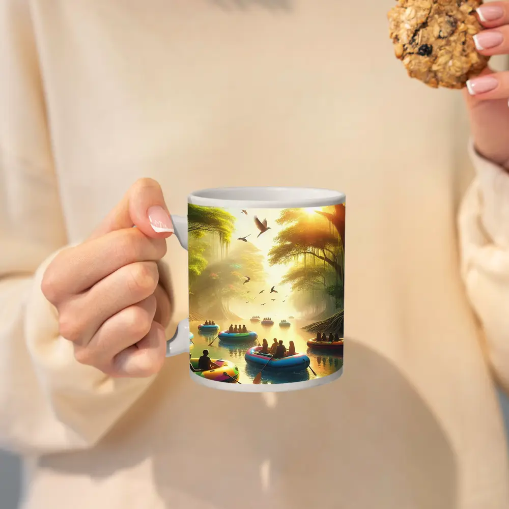 People Rafting Colorful Boats Misty Forest River – Mugs