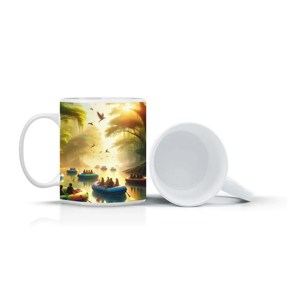 People Rafting Colorful Boats Misty Forest River – Mugs