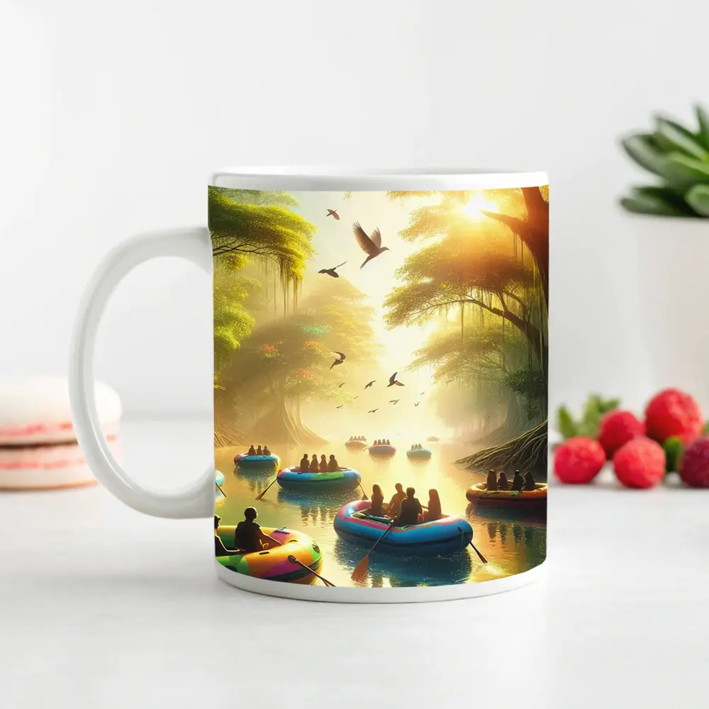 People Rafting Colorful Boats Misty Forest River – Mugs