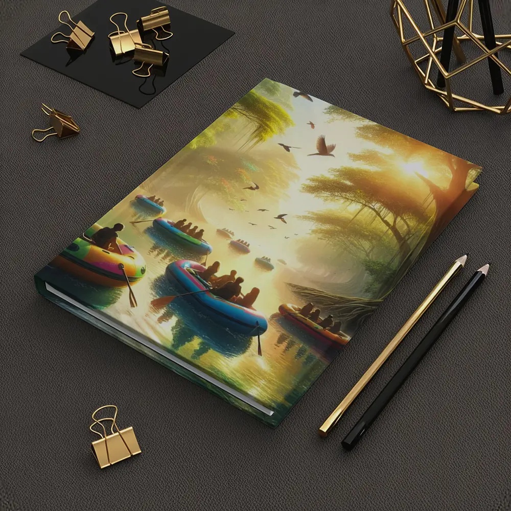 People Rafting Colorful Boats Misty Forest River – Notebooks