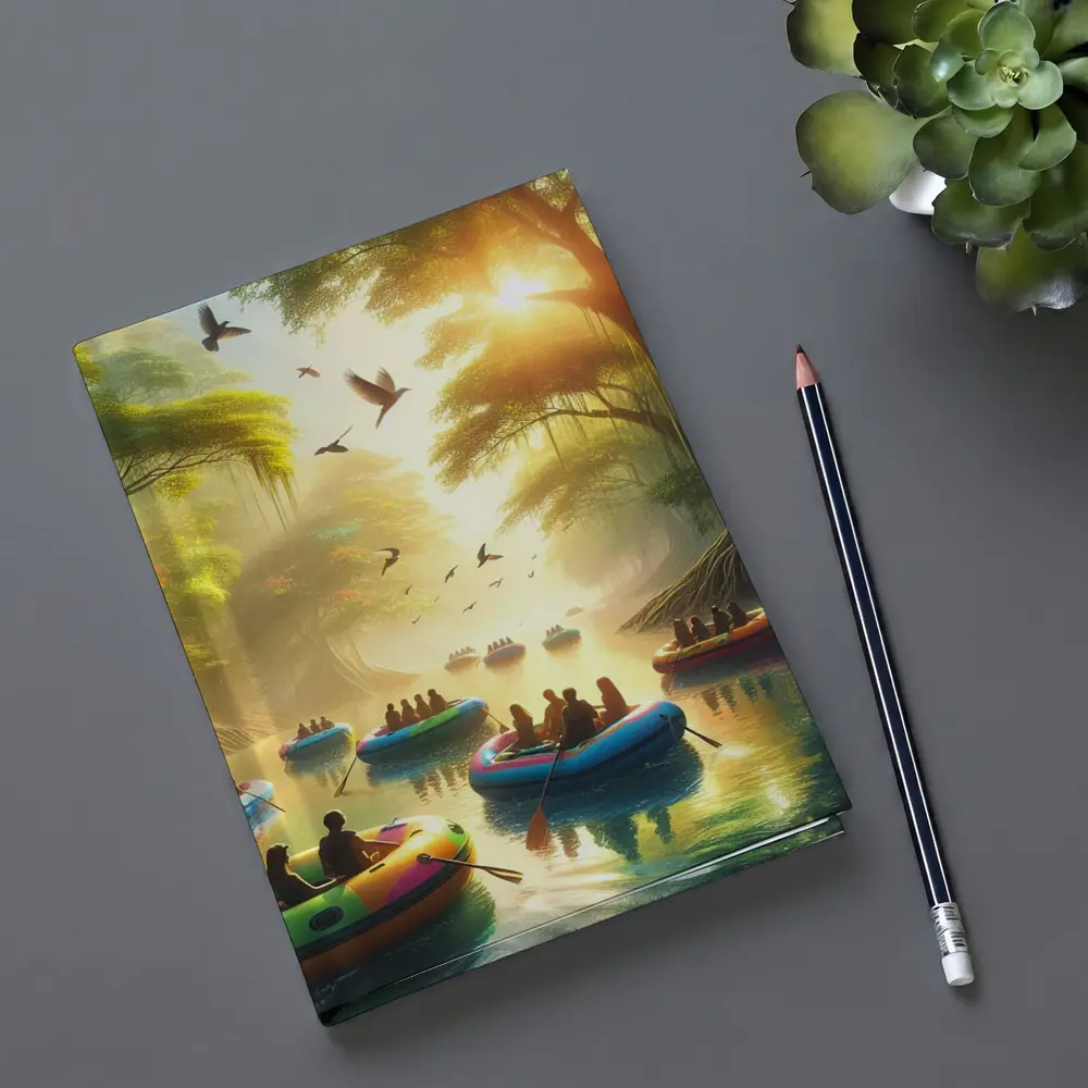 People Rafting Colorful Boats Misty Forest River – Notebooks