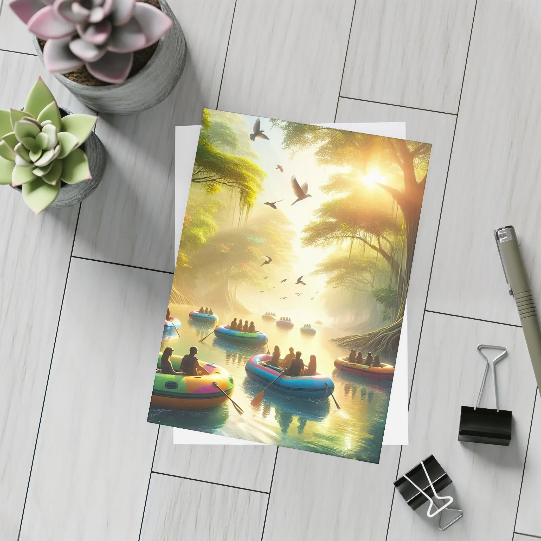 People Rafting Colorful Boats Misty Forest River – Postcards