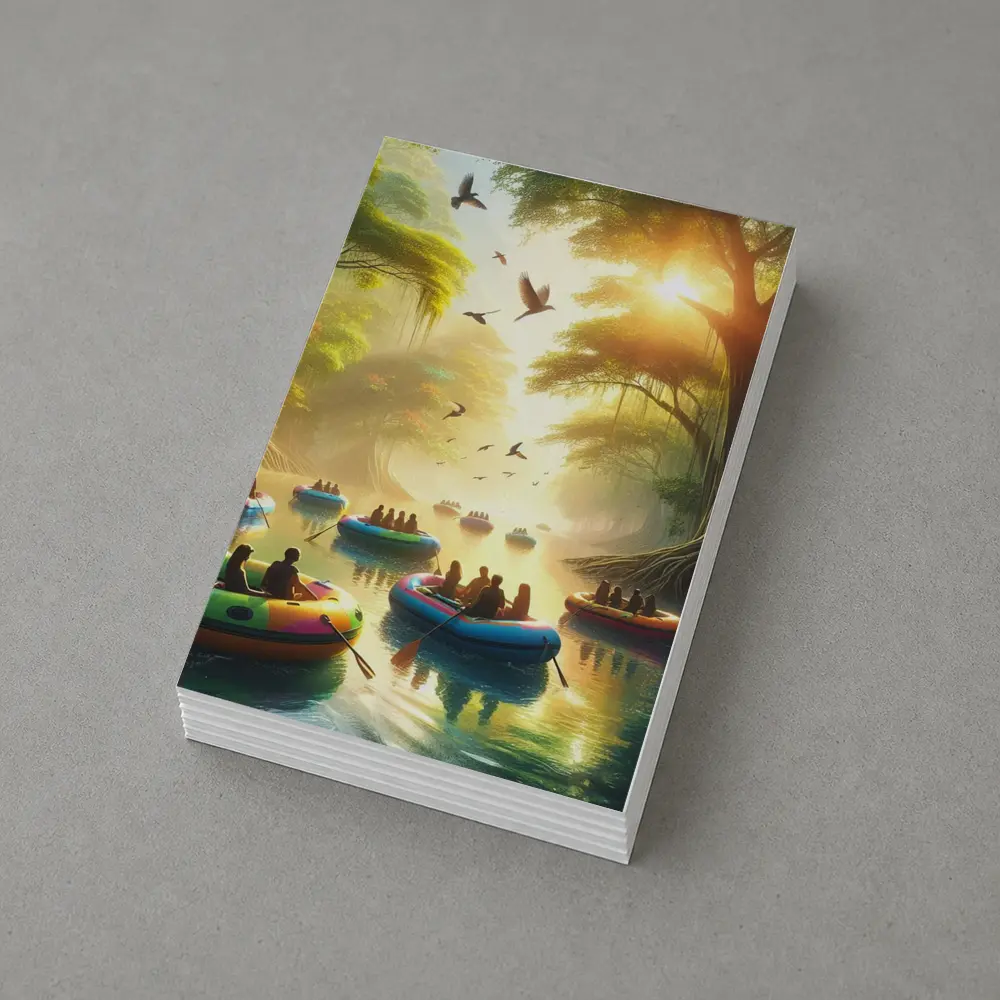 People Rafting Colorful Boats Misty Forest River – Postcards