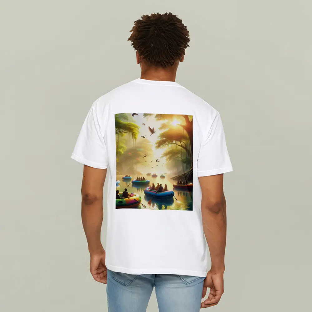 People Rafting Colorful Boats Misty Forest River – T-Shirts
