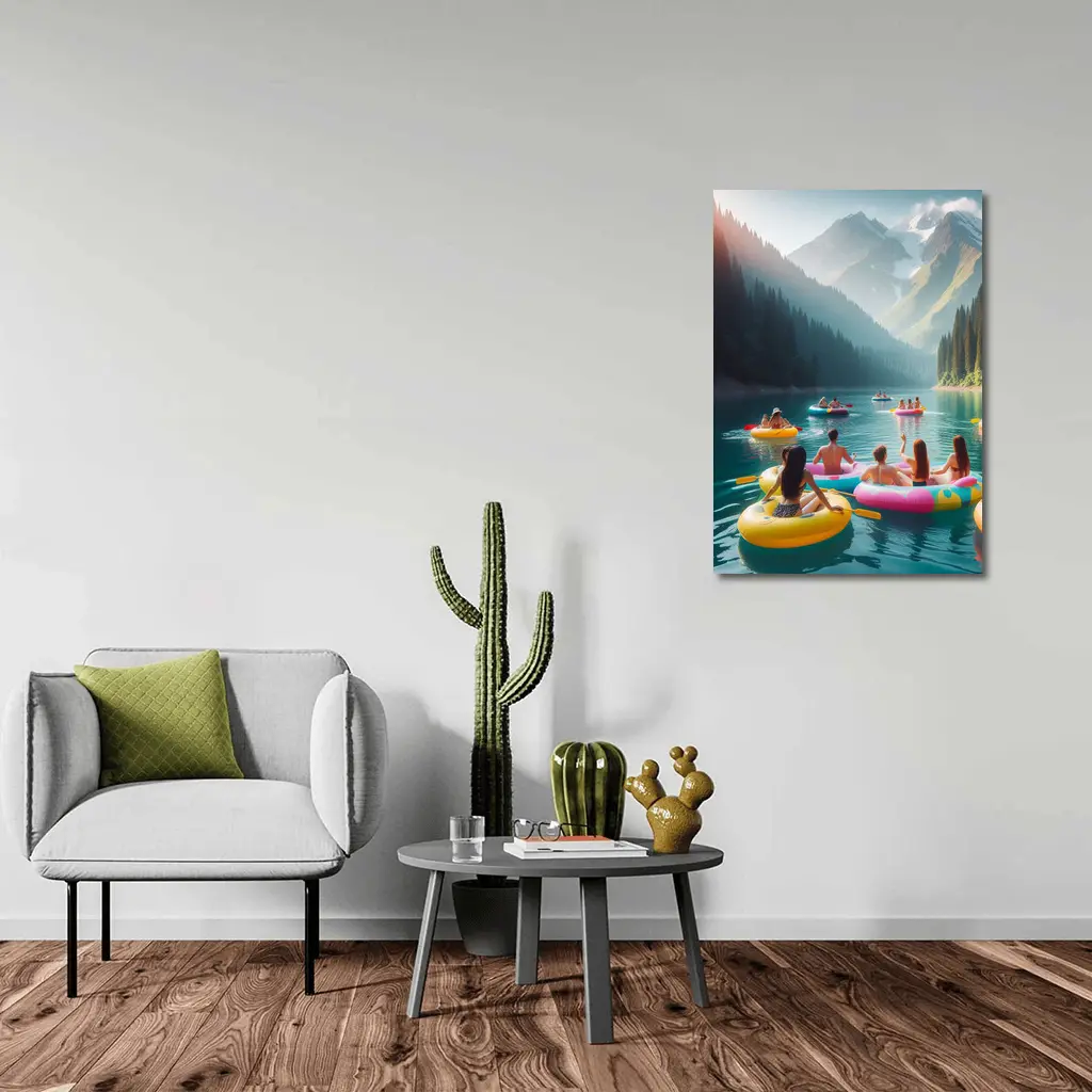 Friends Floating on Mountain Lake Summer – Wall Art