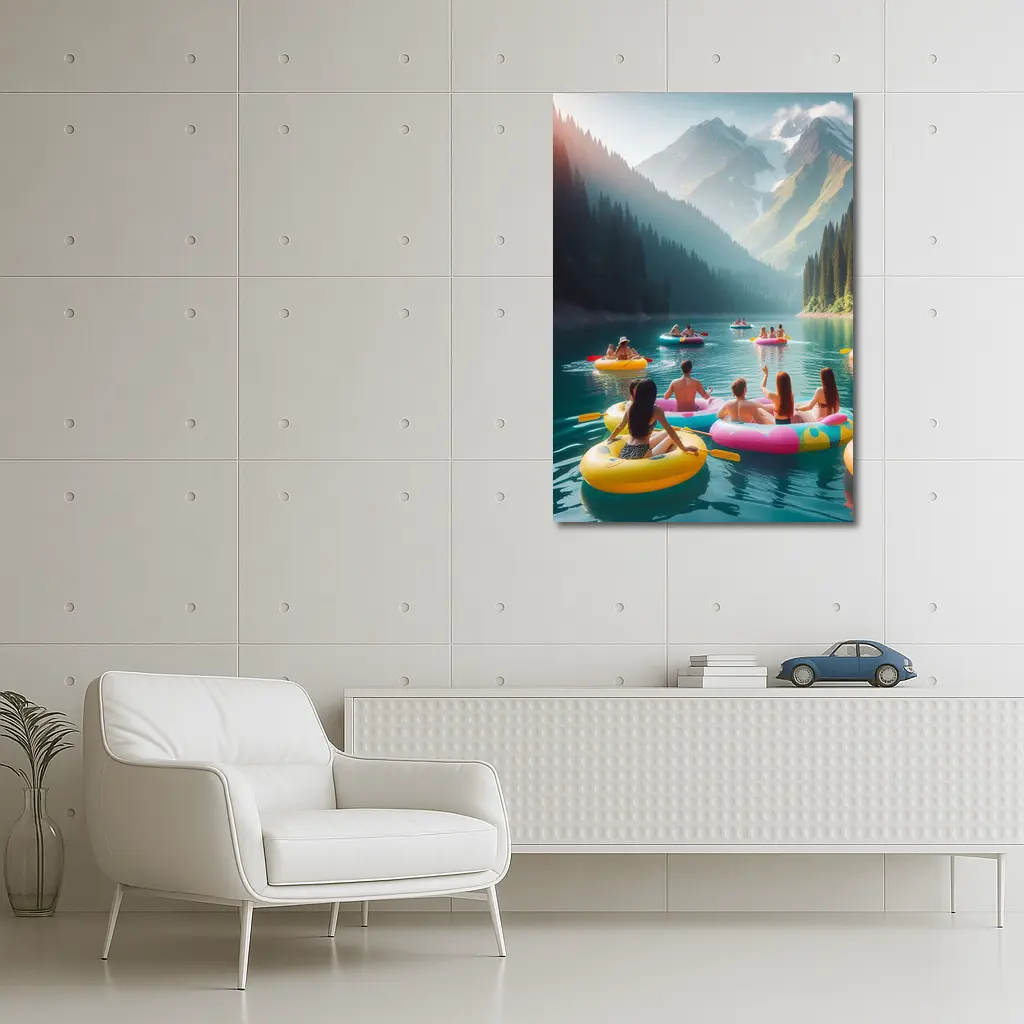 Friends Floating on Mountain Lake Summer – Wall Art