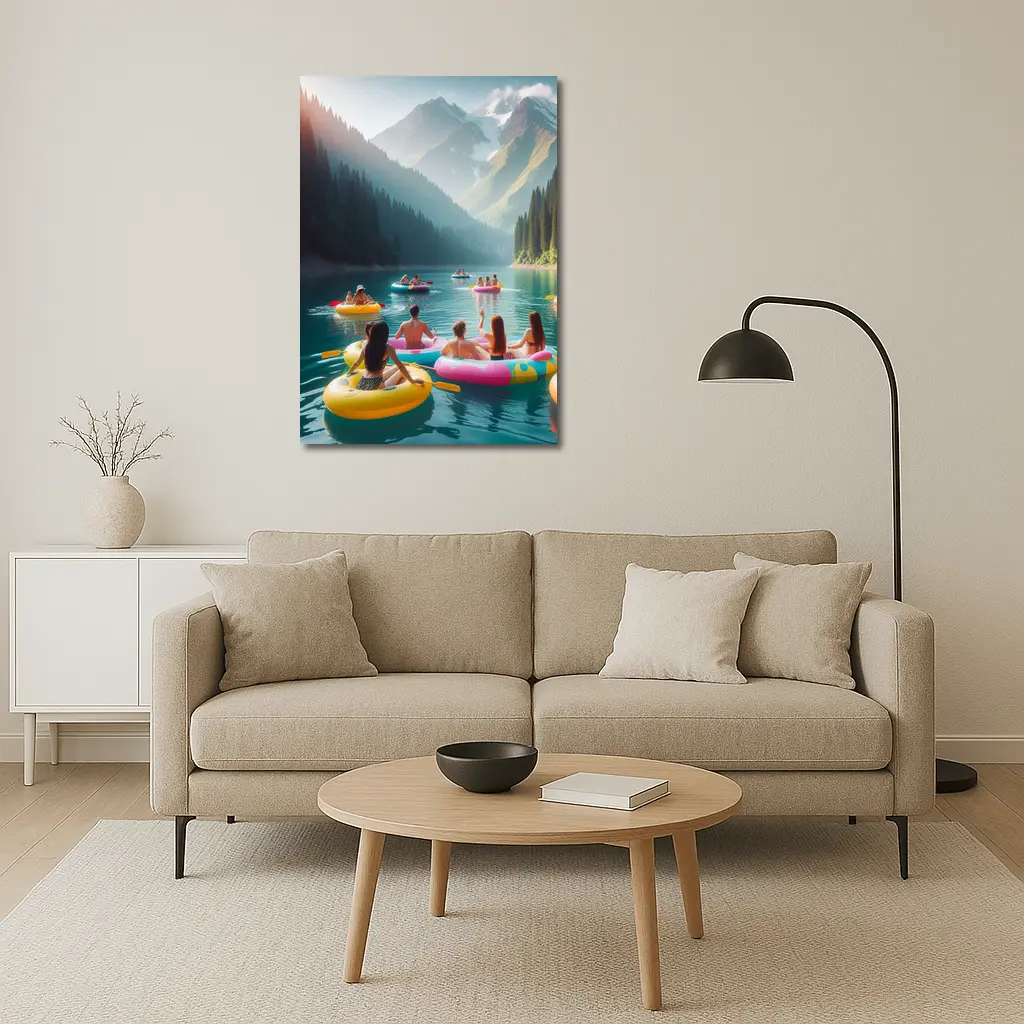 Friends Floating on Mountain Lake Summer – Wall Art