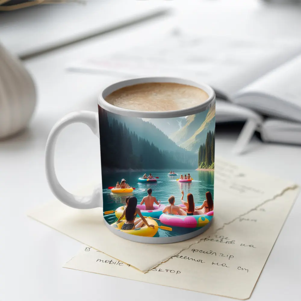 Friends Floating on Mountain Lake Summer – Mugs