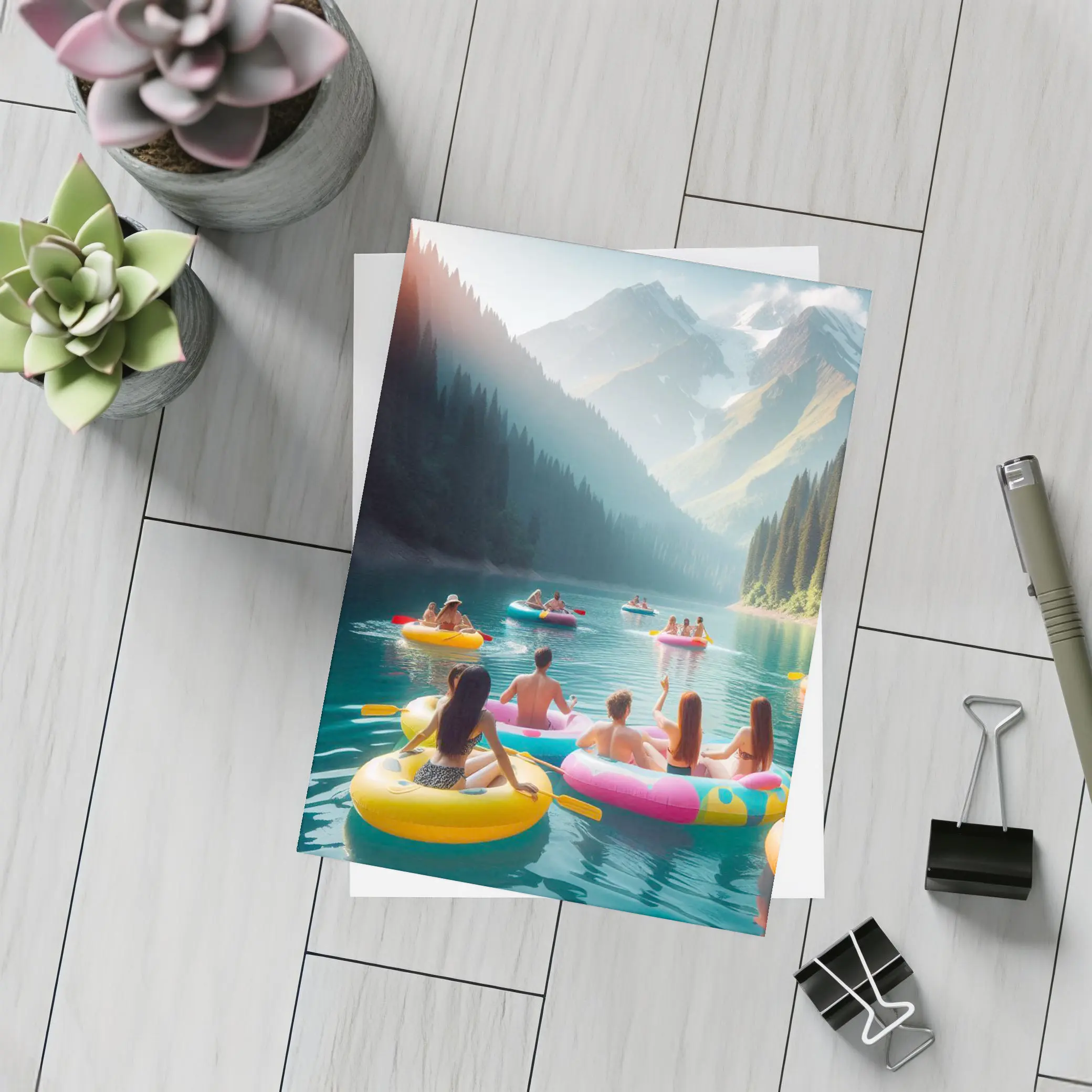 Friends Floating on Mountain Lake Summer – Postcards