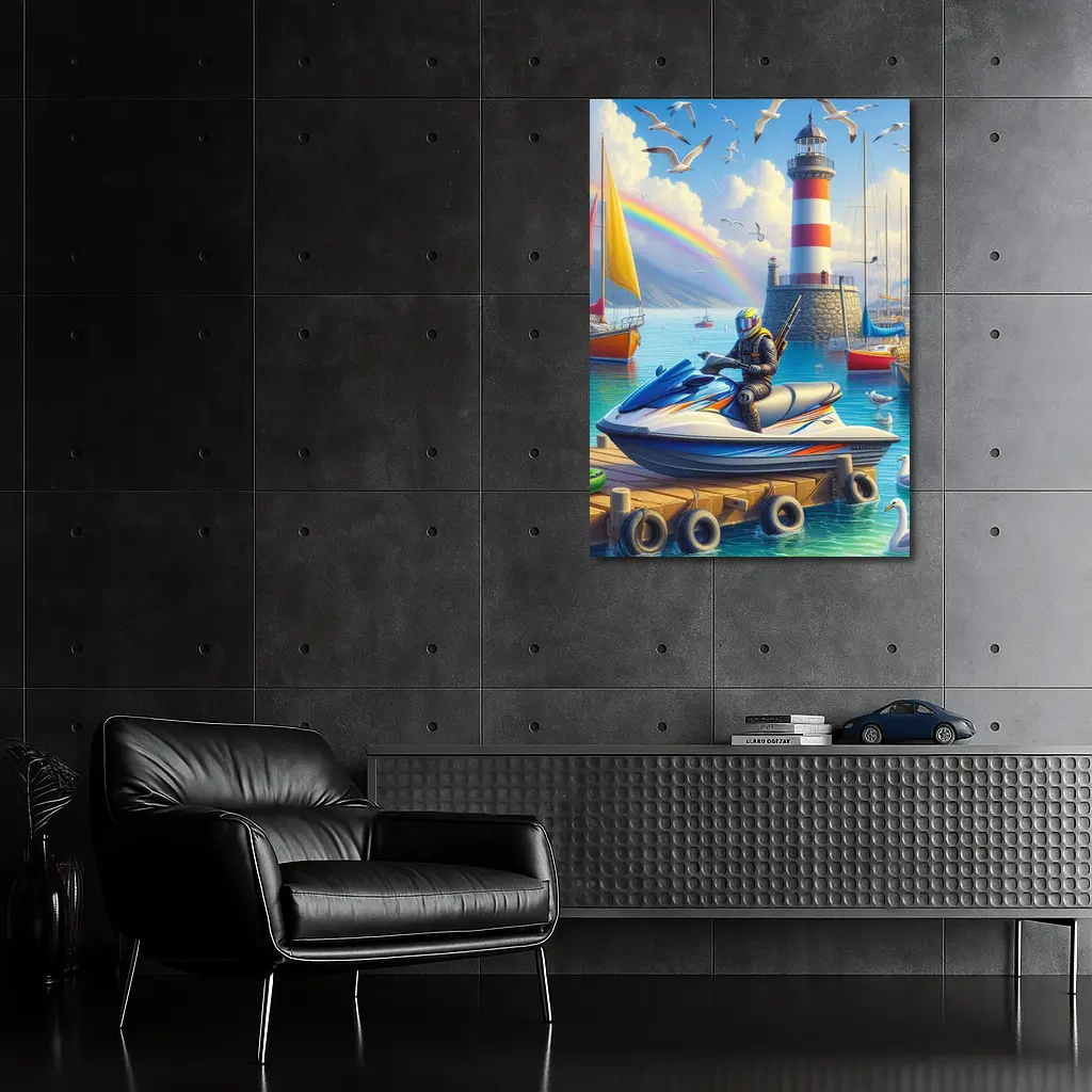 Jet Ski Rider Lighthouse Harbor Rainbow Scene – Wall Art