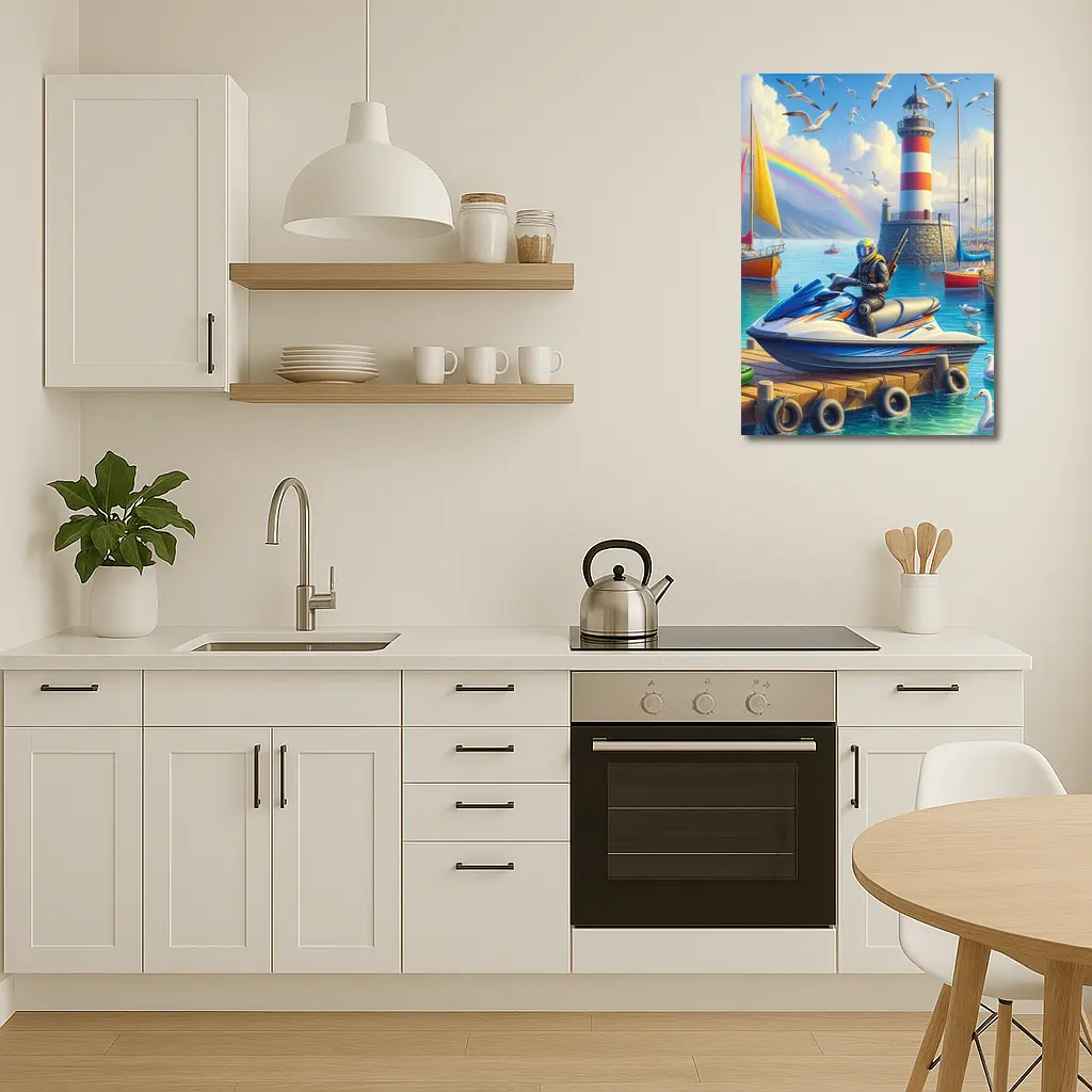 Jet Ski Rider Lighthouse Harbor Rainbow Scene – Wall Art