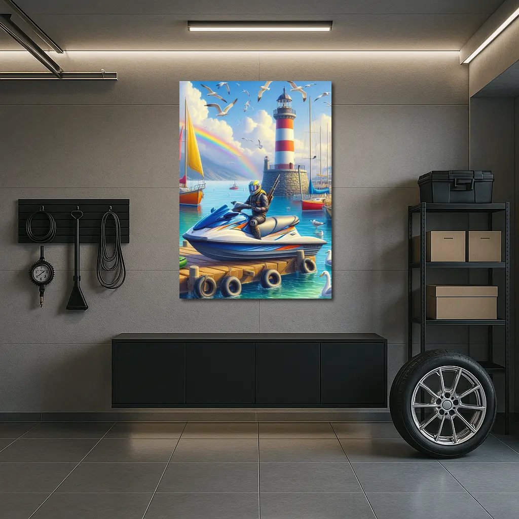 Jet Ski Rider Lighthouse Harbor Rainbow Scene – Wall Art